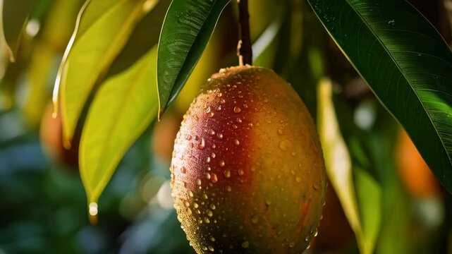 Gac fruit hangs on tree branch with water droplets, illuminated by sun creating bokeh and beautiful fruit texture