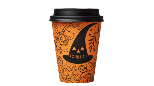 A halloween themed coffee cup with a black lid and a witch hat design on an orange cup isolated on transparent background