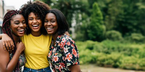 A Cheerful Group with Afro-textured Hair and Braids Embrace, Radiating Joy and Friendship Against a park Backdrop.