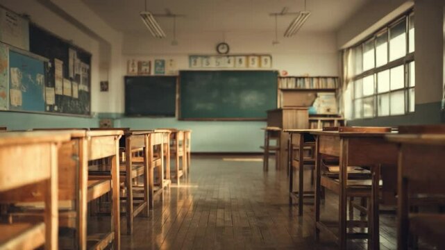 Empty Classroom: Rows of empty wooden desks and chairs sit in an old-fashioned classroom, with a large chalkboard and a window letting in natural light.  The atmosphere is quiet and contemplative.
