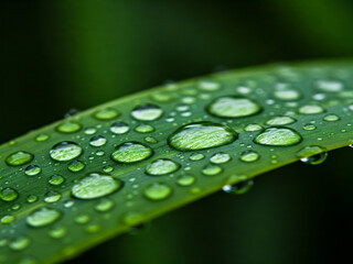 Close-up of fresh green leaf covered in sparkling raindrops, reflecting light and capturing the essence of natural morning moisture