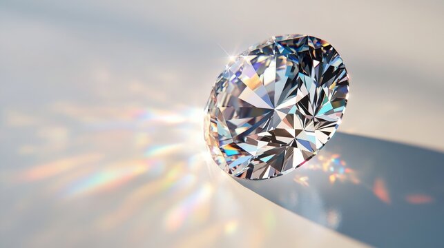A close-up of a radiant round diamond with intricate facets reflecting light on a white surface.