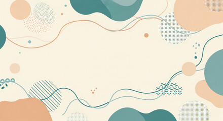 Abstract background with organic teal and peach shapes, dotted and lined circles, and flowing copper-colored lines on a cream canvas