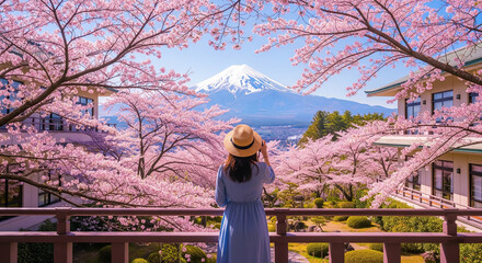 A woman in a blue dress and straw hat observes majestic Mount Fuji framed by blooming pink cherry blossom trees in Japan