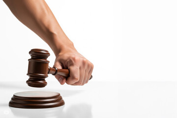 A human hand firmly holds a wooden gavel, poised above its round block, symbolizing Auction, livestock, real estate, bidding, sale, justice and authority on transparent background