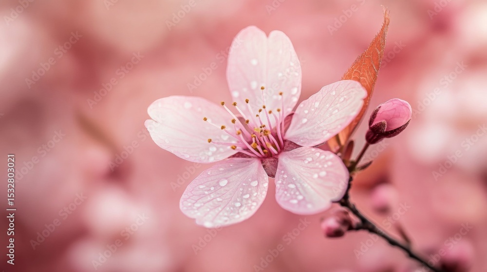 Poster a close-up of a single cherry blossom flower with intricate details, showcasing its soft pink hue an