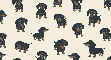 A seamless pattern of adorable black and tan dachshund puppies in various playful poses, scattered across a light beige background
