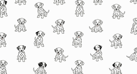 A black and white repeating pattern of adorable Dalmatian puppies with spotted coats scattered across a white background
