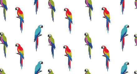 Colorful parrots arranged in a playful, repetitive pattern on a white background, showcasing tropical birds in artistic and vibrant design