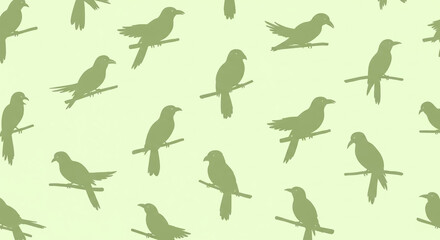 A subtle, repeating pattern of olive green bird silhouettes perched on branches, scattered across a light cream background
