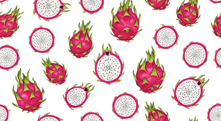 A vibrant repeating pattern of whole and sliced bright pink dragon fruits with green scales scattered across a white background