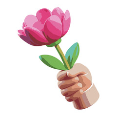 Playful hand holding a flower in 3D art is ideal for giving, appreciation, and love-themed visuals
