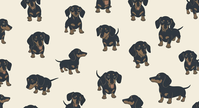 A seamless pattern of adorable black and tan dachshund puppies in various playful poses, scattered across a light beige background