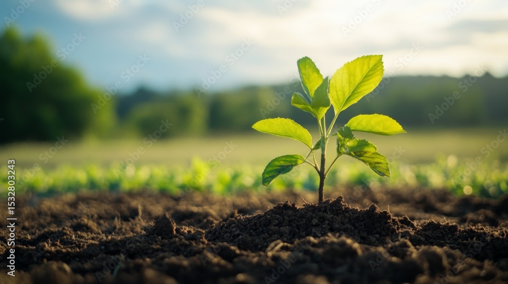 Poster a close-up of a small tree being planted in a rural field, with the roots being covered with soil, e