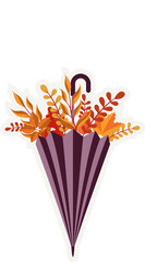 Flat design umbrella is showing autumn foliage bursting from plum canopy, transparent background