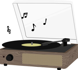 Vintage flat design turntable is playing vinyl with tonearm, knob and music notes on clear backdrop