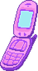 Open flip phone is being shown in pixel art with screen, hinge and keypad, transparent background