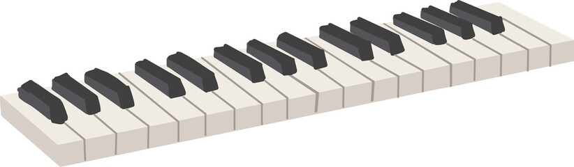 Stylized piano keyboard segment is floating in 3D, with alternating keys on transparent background