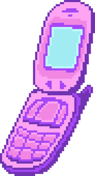 Open flip phone is being shown in pixel art with screen, hinge and keypad, transparent background