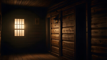 Dark Rustic Wooden Cabin Hallway at Night