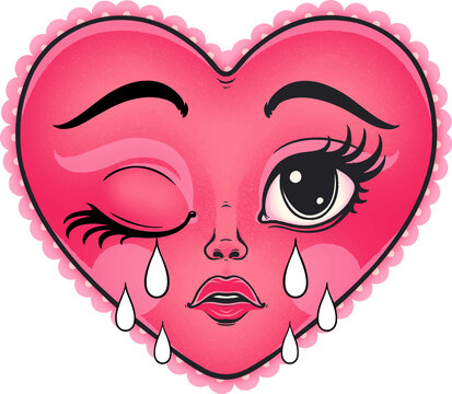 Heart icon is showing crying face in flat design, scalloped edge, teardrops, transparent background