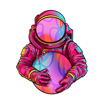 Naklejki Neon flat astronaut is floating and holding planet orb on transparent background with suit tubing