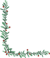 L-shaped botanical vector border is adorning transparent canvas with green leaves and red berries