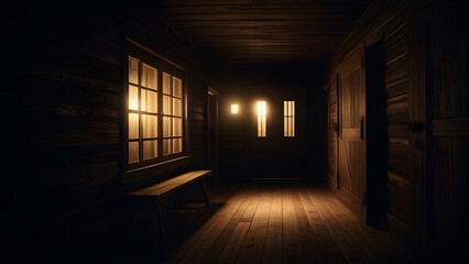 Dark Wooden Cabin Hallway at Night with Warm Lighting