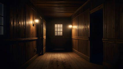 Dark Wooden Hallway in Old Cabin at Night