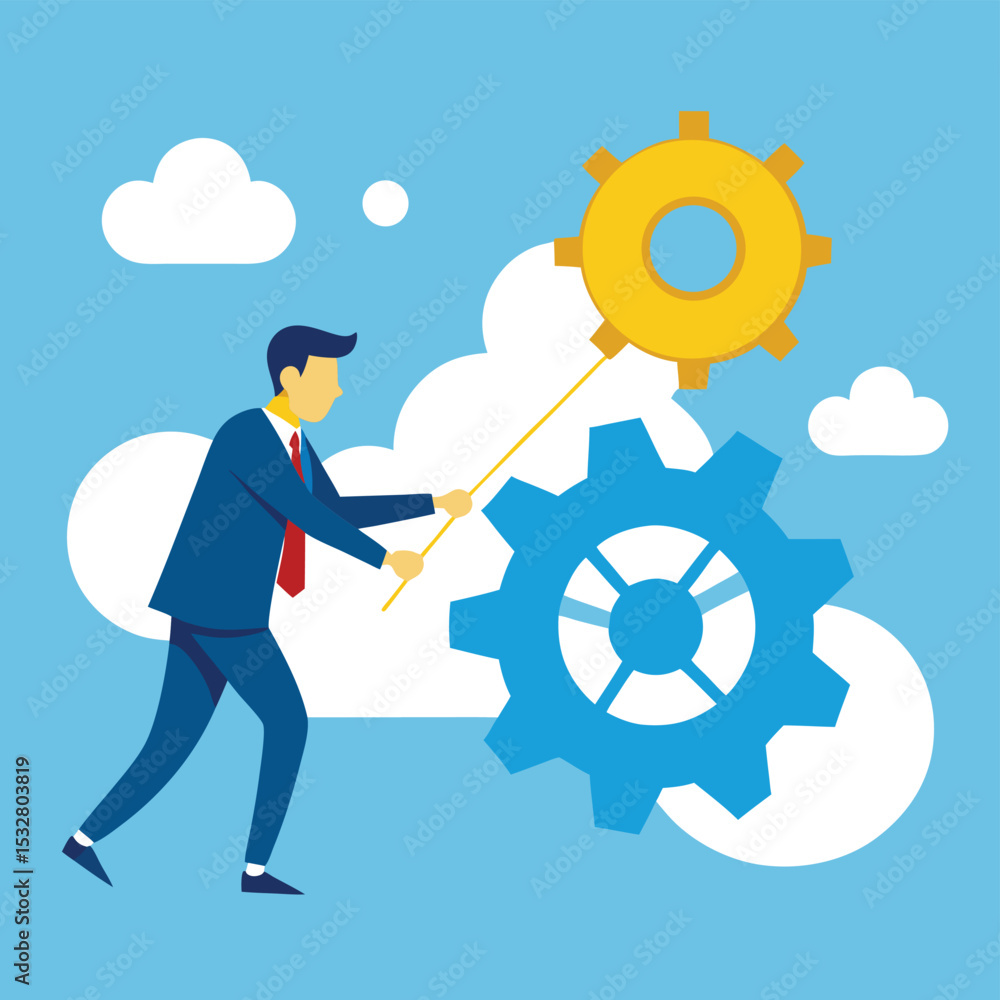 Poster businessman operating system gears cloud computing vector illustration