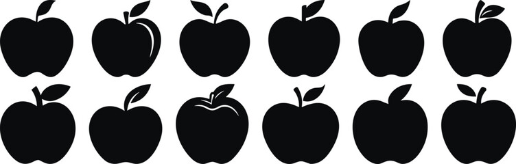 Set of black silhouette apple icons in various shapes and poses, isolated on white background, vector illustrations, perfect for food, fruit, and nature-themed designs.
