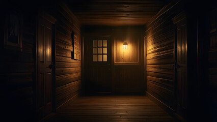 Dark Wooden Hallway in Rustic Cabin at Night