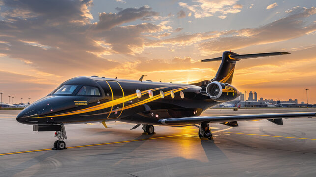 Fototapeta Premium black and gold luxury private jet airplane for VIP flight parked on airport at the sunset. Expensive business transport, millionaire or billionaire rich and wealthy people lifestyle.