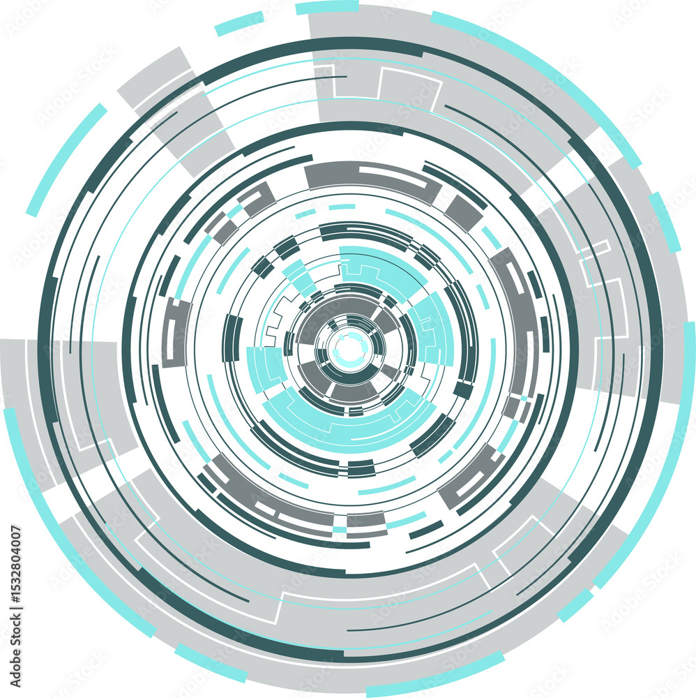 Poster futuristic hud showing segmented concentric rings, radial lines, data blocks, gears, transparent bg