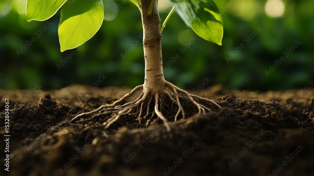 Poster a close-up of a young tree's roots taking hold in the earth, highlighting its stability and connecti