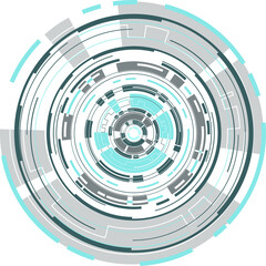 Futuristic HUD showing segmented concentric rings, radial lines, data blocks, gears, transparent bg