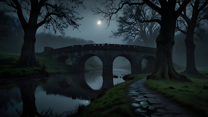 Mistshrouded Ancient Stone Bridge at Night