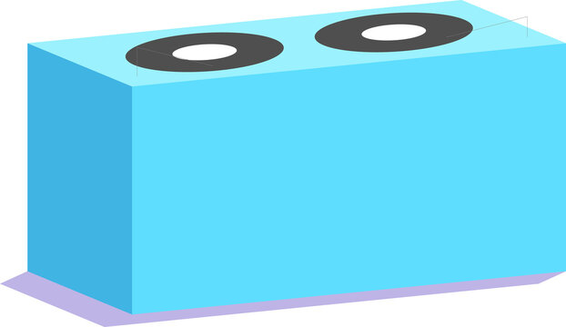 Sky-blue 3D isometric brick with studs is floating, casting violet shadow on transparent background