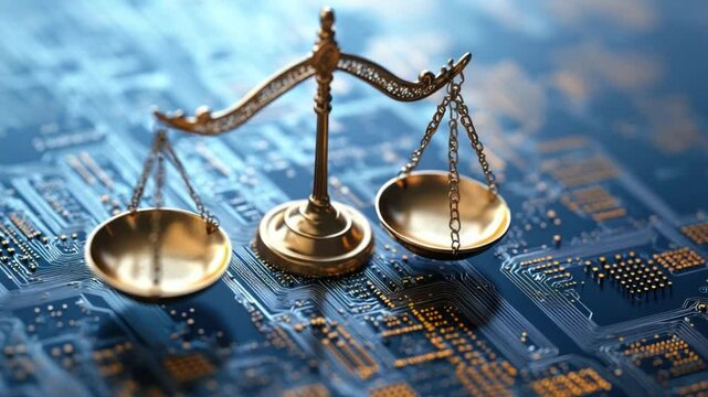 Golden scales of justice on a circuit board