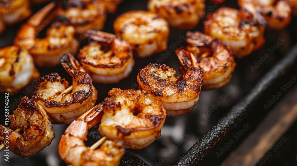 Poster a close-up of charred large shrimp skewered on a stick, glistening with seasoning, capturing the jui