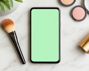 Mockup layout preview a modern flat lay featuring a smartphone with a mint green screen surrounded by beauty products. Ideal for beauty and lifestyle themes.