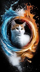Purr energy recipe Majestic Cat Surrounded by Colorful Splashing Liquid in a Circular Motion on Dark Background