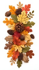 Seasonal Fall Colors Bounty Autumn Leaves and Pinecones Arrangement on White Background