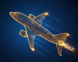 Wireframe jet engineering model a futuristic wireframe airplane design glows against a dark blue background, symbolizing innovation and high-speed travel in a digital world.