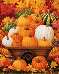 Seasonal Fall Colors Bounty Vibrant Pumpkin Display in a Wheelbarrow Amid Autumn Leaves