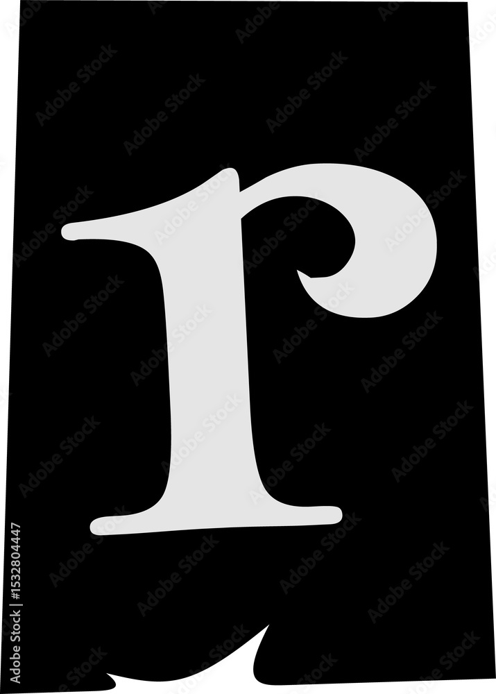 Poster showing stylized serif r glyph in flat vector design with transparent background