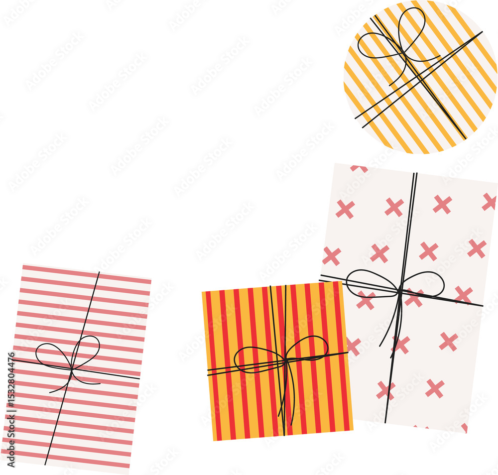 Poster four gift boxes are floating on transparent background in flat design, showing black string bows