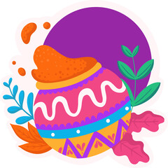 Decorated round pot is showing orange powder splash with leaves on transparent vector background