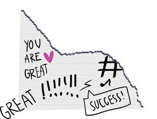 Flat design torn lined paper is floating on transparent layer with purple heart, motivating doodles