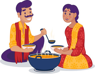 Flat design showing Indian couple scooping steaming curry from blue pot on transparent background